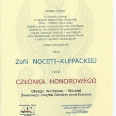 Sprostowanie manipulacji po nadaniu Pani Zofii Noceti-Klepackiej „Członkowstwa Honorowego Okręgu Warszawa – Wschód ŚZŻAK”